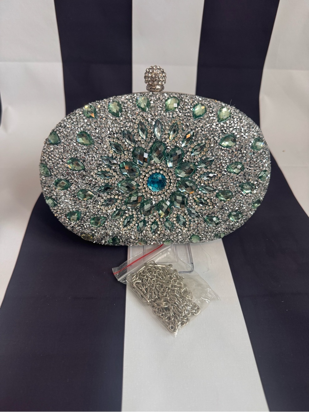Silver and Green Jeweled Evening Clutch